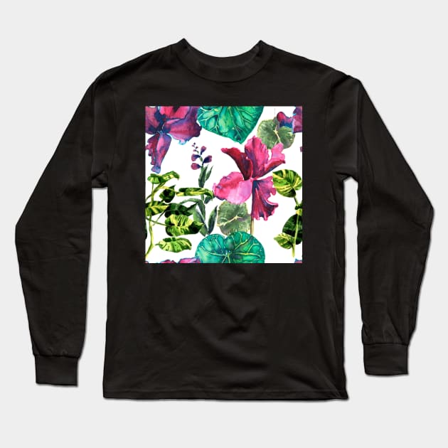 Seamless tropical flower Long Sleeve T-Shirt by Olga Berlet